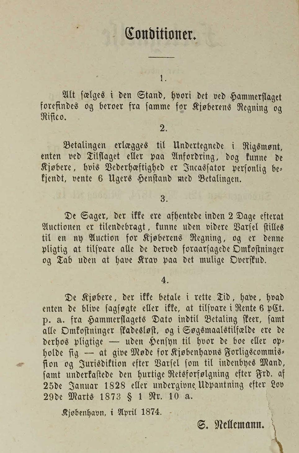 Auktionsbetingelserne for auktionen over grevinde Danners vogne og befordringstøj. Rigsarkivet: Landsover- samt Hof- og Stadsretten, Københavns Skiftekommission, Eksekutorboer, Grevinde Danner.