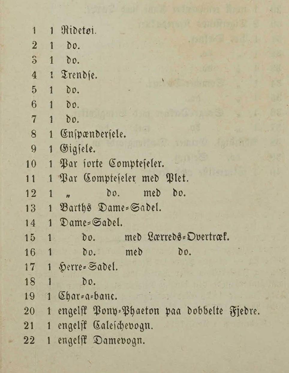 Auktionsnumre og beskrivelse af effekterne på auktionen over grevinde Danners vogne og befordringstøj. Rigsarkivet: Landsover- samt Hof- og Stadsretten, Københavns Skiftekommission, Eksekutorboer, Grevinde Danner.