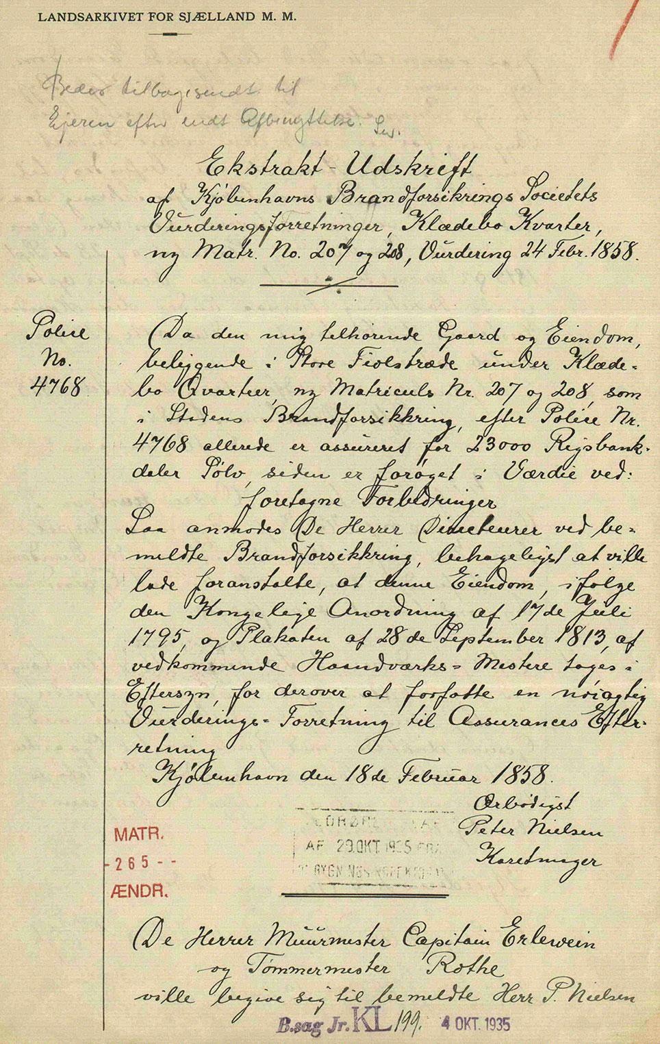 Dokument dateret 18. februar 1858 og underskrevet af karetmager Peter Nielsen.