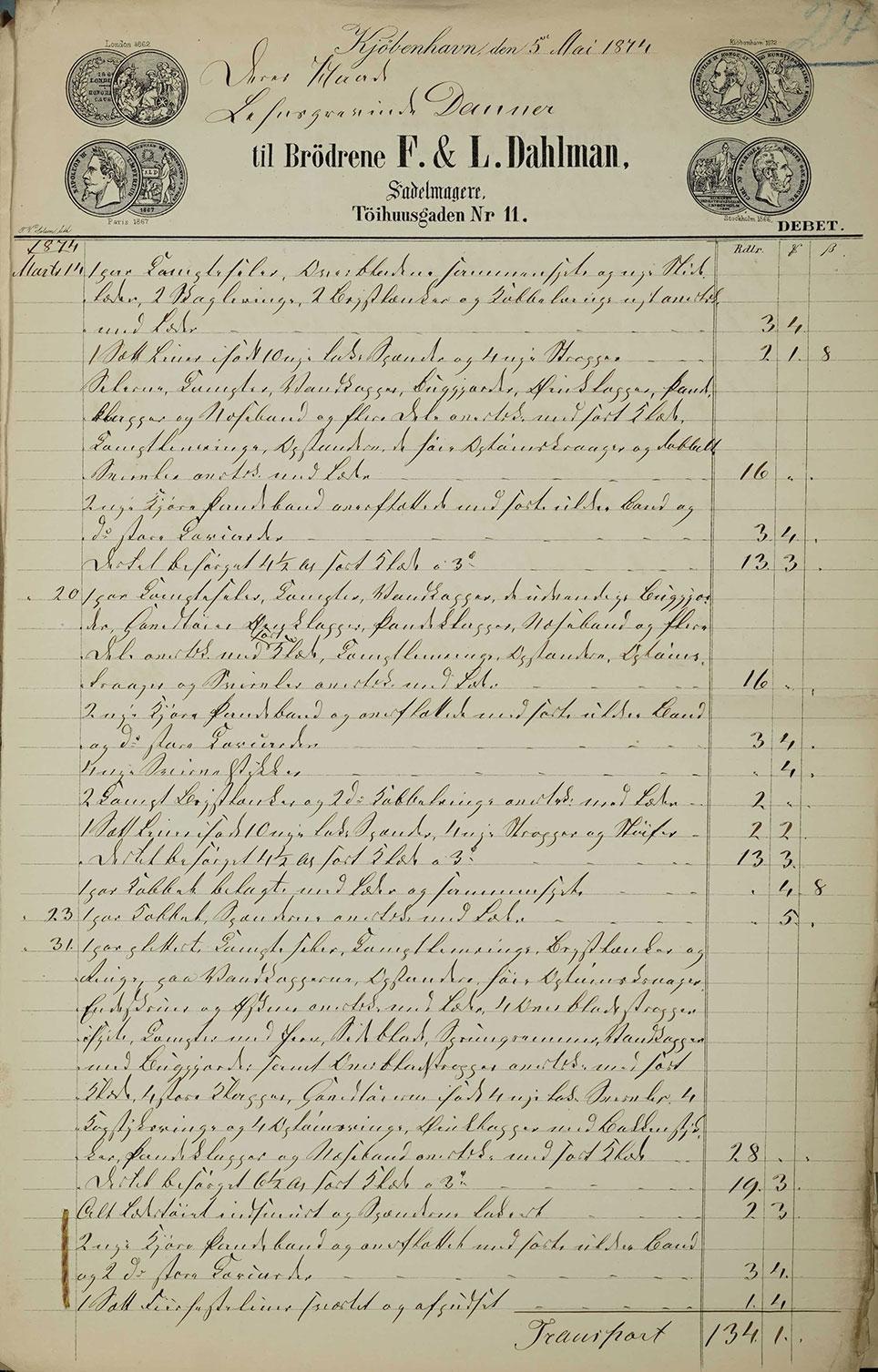 Faktura fra sadelmager F. & L. Dahlman dateret 5. maj 1874. Rigsarkivet: Landsover- samt Hof- og Stadsretten, Københavns Skiftekommission, Eksekutorboer, Grevinde Danner.