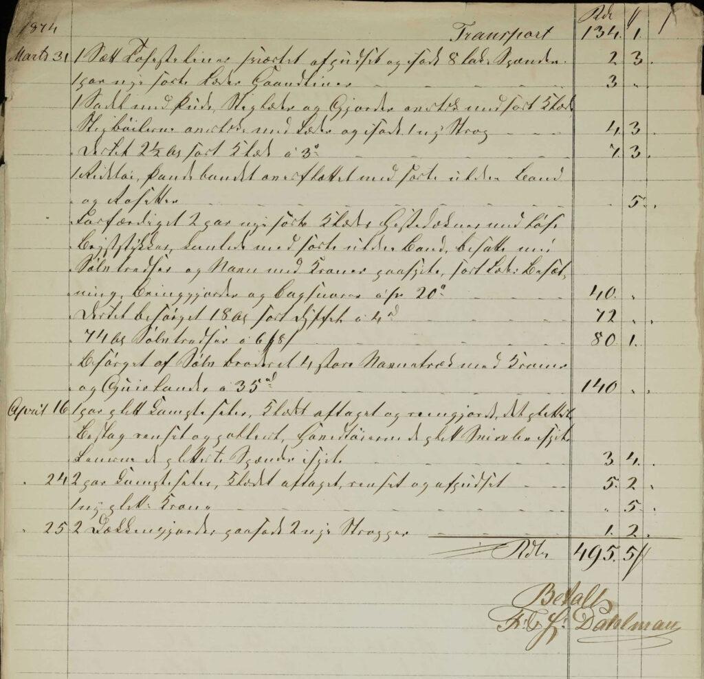Faktura fra sadelmager F. & L. Dahlman dateret 5. maj 1874. Rigsarkivet: Landsover- samt Hof- og Stadsretten, Københavns Skiftekommission, Eksekutorboer, Grevinde Danner.