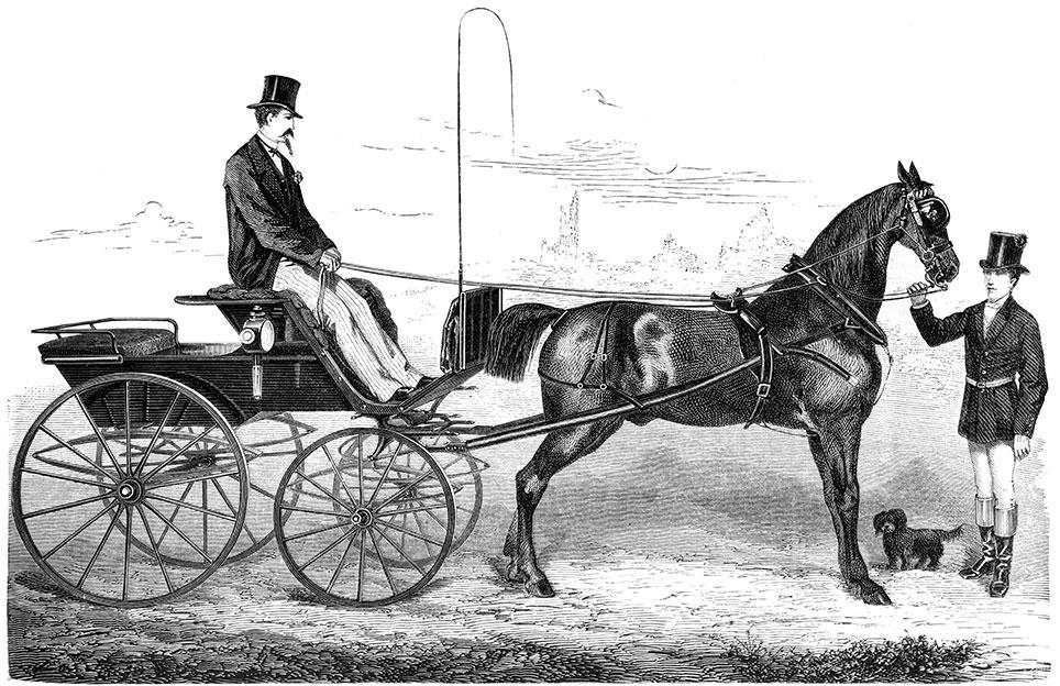 Ved Den nordiske Industri- og Konstudstilling i København 1872 udstillede James Fife denne Herre-Phaeton. Tegning af B. Olsen, Illustreret Tidende 1872.