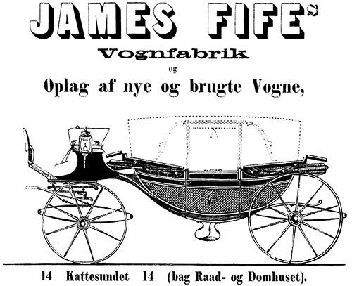 Annonce i Kraks Vejviser for København 1860 viser en bådformet landauer fra James Fife i Kattesundet 14.