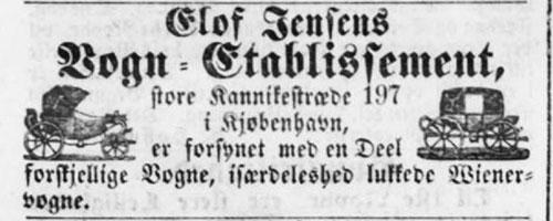 Annonce for Elof Jensens Vogn-Etablissement i Store Kannikestræde 197 i København. Kongelig privilegeret Aarhuus Stifts-Tidende, 27. oktober 1856.